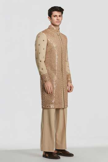 Abhinav Mishra_Gold Chanderi Shrine Auric Embroidered Sherwani Set _Online_at_Aza_Fashions