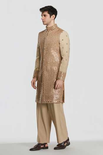 Buy_Abhinav Mishra_Gold Chanderi Shrine Auric Embroidered Sherwani Set _Online_at_Aza_Fashions