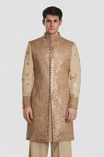 Abhinav Mishra_Gold Chanderi Shrine Auric Embroidered Sherwani Set _at_Aza_Fashions