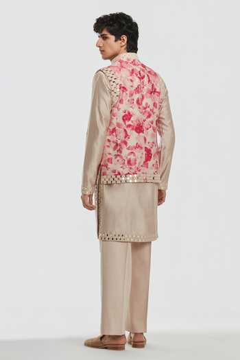 Shop Abhinav Mishra Beige Chanderi, Cotton, Twill Shrine Floral Pattern Nehru Jacket Set at Aza Fashions Shop_Abhinav Mishra_Beige Chanderi, Cotton, Twill Shrine Floral Pattern Nehru Jacket Set _at_Aza_Fashions