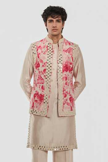 Abhinav Mishra Beige Chanderi, Cotton, Twill Shrine Floral Pattern Nehru Jacket Set at Aza Fashions Abhinav Mishra_Beige Chanderi, Cotton, Twill Shrine Floral Pattern Nehru Jacket Set _at_Aza_Fashions