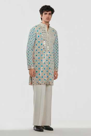 Buy_Abhinav Mishra_Cream Chanderi, Cotton, Twill Shrine Mirror Embroidered Kurta Set _Online_at_Aza_Fashions