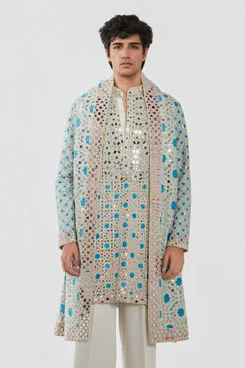 Abhinav Mishra_Cream Chanderi, Cotton, Twill Shrine Mirror Embroidered Kurta Set _at_Aza_Fashions