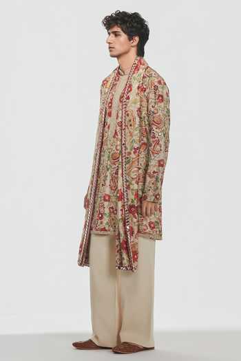Shop Abhinav Mishra Multi Color Chanderi, Cotton, Twill Shrine Paisley Print And Embroidered Kurta Set Online at Aza Fashions Shop_Abhinav Mishra_Multi Color Chanderi, Cotton, Twill Shrine Paisley Print And Embroidered Kurta Set _Online_at_Aza_Fashions