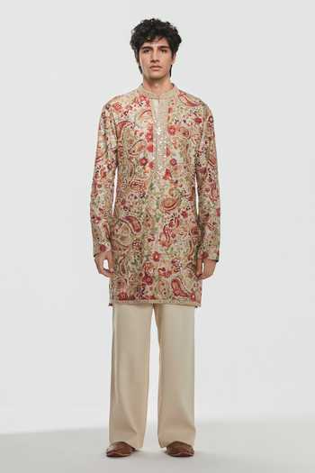 Shop Abhinav Mishra Multi Color Chanderi, Cotton, Twill Shrine Paisley Print And Embroidered Kurta Set at Aza Fashions Shop_Abhinav Mishra_Multi Color Chanderi, Cotton, Twill Shrine Paisley Print And Embroidered Kurta Set _at_Aza_Fashions