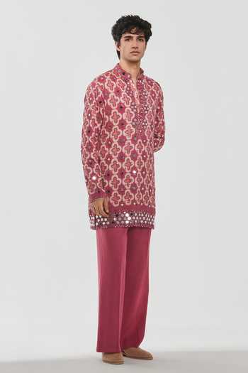 Abhinav Mishra Pink Chanderi, Cotton, Twill Shrine Thread And Mirror Embroidered Kurta Set at Aza Fashions Abhinav Mishra_Pink Chanderi, Cotton, Twill Shrine Thread And Mirror Embroidered Kurta Set _at_Aza_Fashions