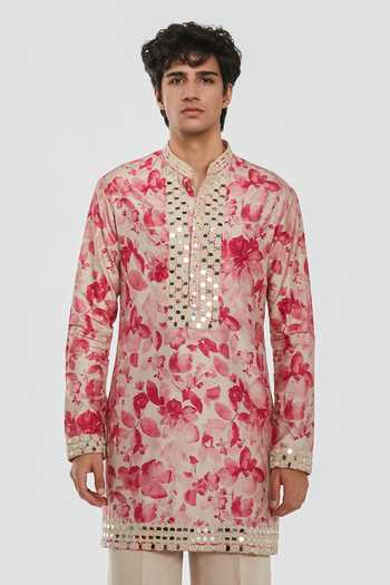 Shop_Abhinav Mishra_Multi Color Chanderi, Cotton, Twill Shrine Printed And Embroidered Kurta Set _Online_at_Aza_Fashions