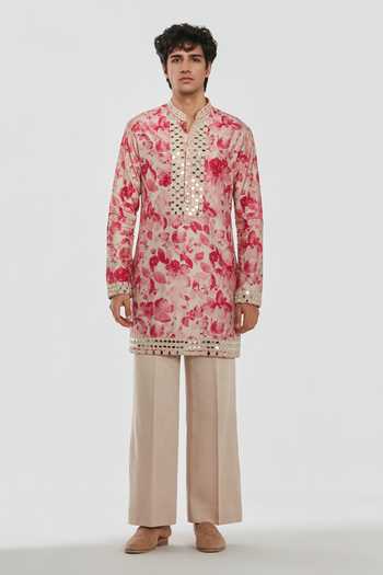 Abhinav Mishra_Multi Color Chanderi, Cotton, Twill Shrine Printed And Embroidered Kurta Set _at_Aza_Fashions