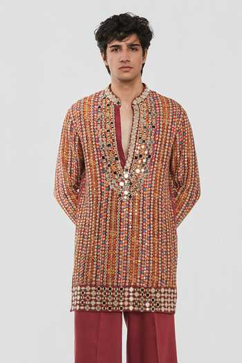 Shop Abhinav Mishra Multi Color Chanderi, Cotton, Twill Shrine Embroidered Multicoloured Kurta Set Online at Aza Fashions Shop_Abhinav Mishra_Multi Color Chanderi, Cotton, Twill Shrine Embroidered Multicoloured Kurta Set _Online_at_Aza_Fashions