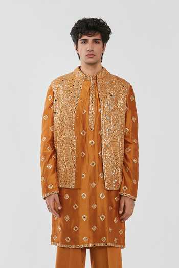 Buy Abhinav Mishra Yellow Chanderi, Cotton, Twill Embroidery, Shrine Citrine Glow Bundi Set Online at Aza Fashions Buy_Abhinav Mishra_Yellow Chanderi, Cotton, Twill Embroidery, Shrine Citrine Glow Bundi Set _Online_at_Aza_Fashions