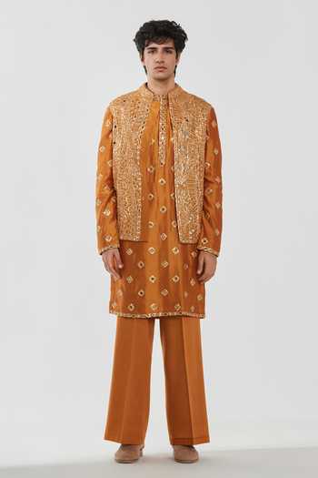 Shop Abhinav Mishra Yellow Chanderi, Cotton, Twill Embroidery, Shrine Citrine Glow Bundi Set Online at Aza Fashions Shop_Abhinav Mishra_Yellow Chanderi, Cotton, Twill Embroidery, Shrine Citrine Glow Bundi Set _Online_at_Aza_Fashions