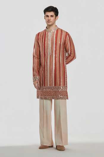 Shop Abhinav Mishra Multi Color Chanderi, Cotton, Twill Shrine Mirror Embroidered Kurta Set Online at Aza Fashions Shop_Abhinav Mishra_Multi Color Chanderi, Cotton, Twill Shrine Mirror Embroidered Kurta Set _Online_at_Aza_Fashions