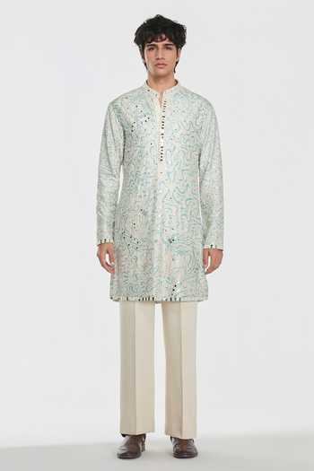 Shop Abhinav Mishra Multi Color Chanderi, Cotton, Twill Shrine Printed And Mirror Work Kurta Set Online at Aza Fashions Shop_Abhinav Mishra_Multi Color Chanderi, Cotton, Twill Shrine Printed And Mirror Work Kurta Set _Online_at_Aza_Fashions
