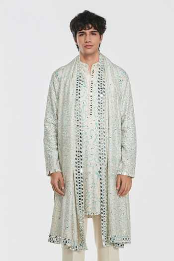 Abhinav Mishra Multi Color Chanderi, Cotton, Twill Shrine Printed And Mirror Work Kurta Set at Aza Fashions Abhinav Mishra_Multi Color Chanderi, Cotton, Twill Shrine Printed And Mirror Work Kurta Set _at_Aza_Fashions