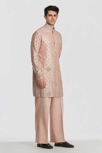 Shop Abhinav Mishra Rose Gold Chanderi, Cotton, Twill Shrine Blush Embroidered Kurta Set Online at Aza Fashions Shop_Abhinav Mishra_Rose Gold Chanderi, Cotton, Twill Shrine Blush Embroidered Kurta Set _Online_at_Aza_Fashions