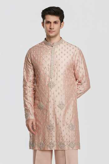 Abhinav Mishra Rose Gold Chanderi, Cotton, Twill Shrine Blush Embroidered Kurta Set at Aza Fashions Abhinav Mishra_Rose Gold Chanderi, Cotton, Twill Shrine Blush Embroidered Kurta Set _at_Aza_Fashions