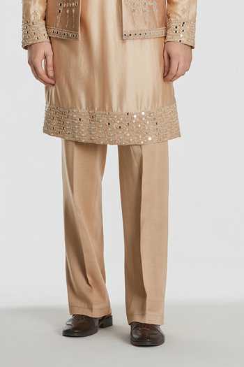 Abhinav Mishra_Beige Chanderi, Cotton, Twill Shrine Champagne Embroidered Bundi Set _Online_at_Aza_Fashions
