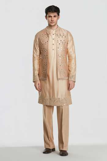 Abhinav Mishra Shrine Champagne Embroidered Bundi Set 