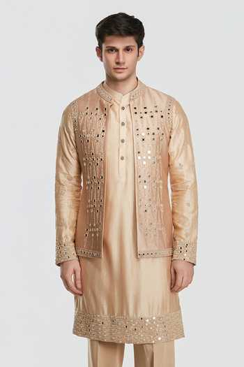 Buy_Abhinav Mishra_Beige Chanderi, Cotton, Twill Shrine Champagne Embroidered Bundi Set _Online_at_Aza_Fashions