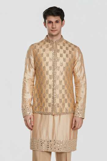 Shop Abhinav Mishra Beige Cotton, Chanderi, Twill Embroidery, Shrine Elite Bundi And Kurta Set Online at Aza Fashions Shop_Abhinav Mishra_Beige Cotton, Chanderi, Twill Embroidery, Shrine Elite Bundi And Kurta Set _Online_at_Aza_Fashions