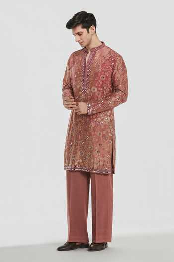 Shop Abhinav Mishra Multi Color Chanderi, Cotton, Twill Shrine Printed And Embroidered Kurta Set Online at Aza Fashions Shop_Abhinav Mishra_Multi Color Chanderi, Cotton, Twill Shrine Printed And Embroidered Kurta Set _Online_at_Aza_Fashions