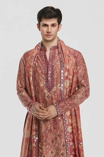 Abhinav Mishra Multi Color Chanderi, Cotton, Twill Shrine Printed And Embroidered Kurta Set at Aza Fashions Abhinav Mishra_Multi Color Chanderi, Cotton, Twill Shrine Printed And Embroidered Kurta Set _at_Aza_Fashions