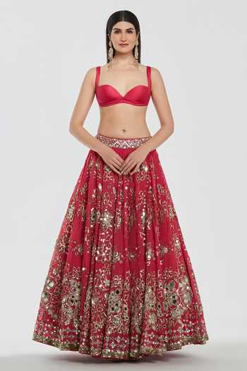 Abhinav Mishra_Pink Chanderi, Organza Sweetheart Neck Mirror Embroidered Lehenga Set _Online_at_Aza_Fashions