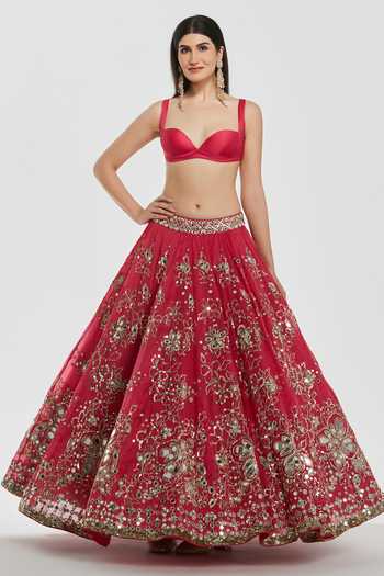 Buy_Abhinav Mishra_Pink Chanderi, Organza Sweetheart Neck Mirror Embroidered Lehenga Set _Online_at_Aza_Fashions