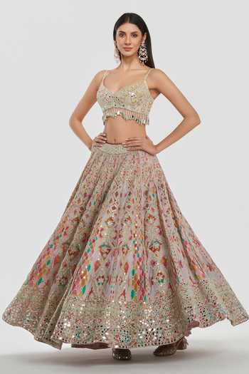 Abhinav Mishra Multi Color Chanderi, Net Sweetheart Neck Mirror Work Lehenga Set Online at Aza Fashions Abhinav Mishra_Multi Color Chanderi, Net Sweetheart Neck Mirror Work Lehenga Set _Online_at_Aza_Fashions