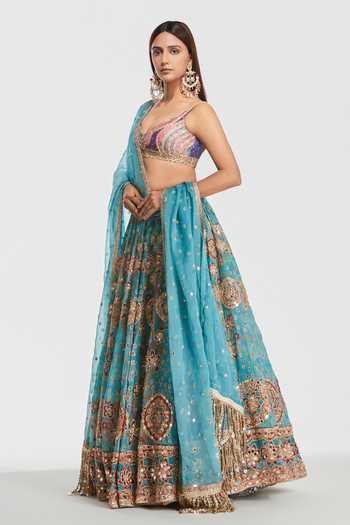 Abhinav Mishra_Blue Organza, Chanderi V-neck Zari Embroidered Lehenga Set _Online_at_Aza_Fashions