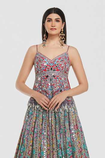 Abhinav Mishra_Multi Color Chanderi V-neck Mirror Work Peplum Top And Lehenga Set _Online_at_Aza_Fashions