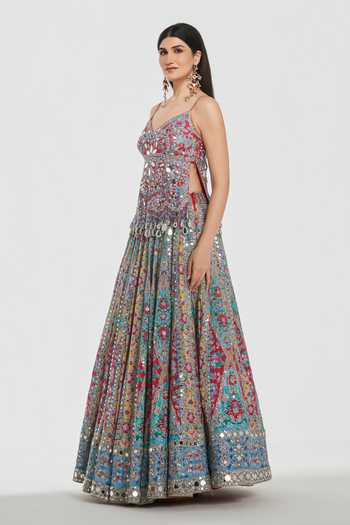 Buy_Abhinav Mishra_Multi Color Chanderi V-neck Mirror Work Peplum Top And Lehenga Set _Online_at_Aza_Fashions