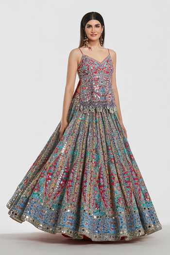 Shop_Abhinav Mishra_Multi Color Chanderi V-neck Mirror Work Peplum Top And Lehenga Set _Online_at_Aza_Fashions