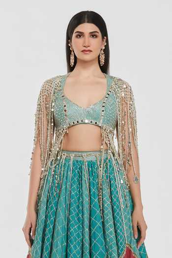 Abhinav Mishra Multicolor Chanderi Sweetheart Neck Mirror Work Blouse And Lehenga Set Online at Aza Fashions Abhinav Mishra_Multicolor Chanderi Sweetheart Neck Mirror Work Blouse And Lehenga Set _Online_at_Aza_Fashions