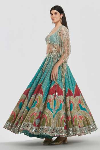 Buy Abhinav Mishra Multicolor Chanderi Sweetheart Neck Mirror Work Blouse And Lehenga Set Online at Aza Fashions Buy_Abhinav Mishra_Multicolor Chanderi Sweetheart Neck Mirror Work Blouse And Lehenga Set _Online_at_Aza_Fashions