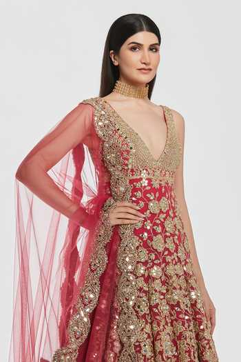 Abhinav Mishra_Maroon Net V-neck Mirror Work Anarkali With Dupatta _Online_at_Aza_Fashions
