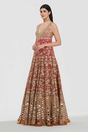 Buy_Abhinav Mishra_Maroon Net V-neck Mirror Work Anarkali With Dupatta _Online_at_Aza_Fashions