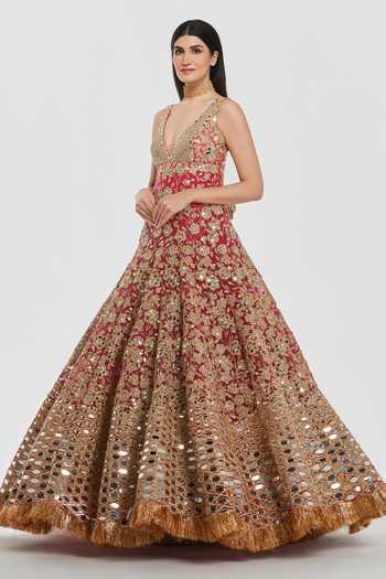 Shop_Abhinav Mishra_Maroon Net V-neck Mirror Work Anarkali With Dupatta _Online_at_Aza_Fashions