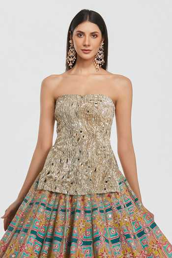 Abhinav Mishra_Multi Color Chanderi, Net Bandeau Neck Mirror Work Peplum Top And Lehenga Set _Online_at_Aza_Fashions