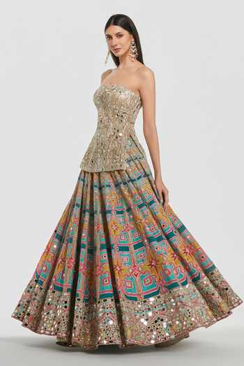 Buy_Abhinav Mishra_Multi Color Chanderi, Net Bandeau Neck Mirror Work Peplum Top And Lehenga Set _Online_at_Aza_Fashions