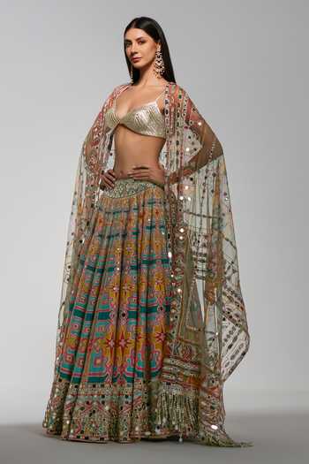 Abhinav Mishra Multi Color Chanderi, Net Sweetheart Neck Zari Embroidered Lehenga Set Online at Aza Fashions Abhinav Mishra_Multi Color Chanderi, Net Sweetheart Neck Zari Embroidered Lehenga Set _Online_at_Aza_Fashions