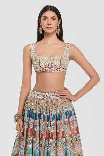 Abhinav Mishra Multi Color Chanderi Square Neck Sequin Embellished Lehenga Set Online at Aza Fashions Abhinav Mishra_Multi Color Chanderi Square Neck Sequin Embellished Lehenga Set _Online_at_Aza_Fashions