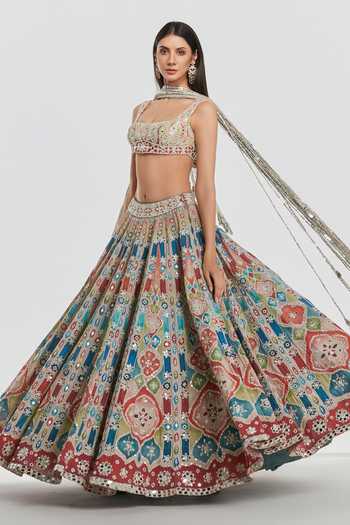 Buy Abhinav Mishra Multi Color Chanderi Square Neck Sequin Embellished Lehenga Set Online at Aza Fashions Buy_Abhinav Mishra_Multi Color Chanderi Square Neck Sequin Embellished Lehenga Set _Online_at_Aza_Fashions