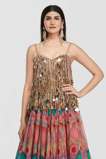 Abhinav Mishra_Multi Color Net, Organza Mirror Fringe Embroidered Peplum Top And Lehenga Set _Online_at_Aza_Fashions