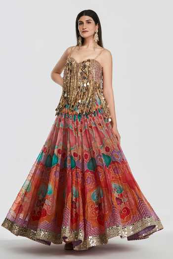 Buy_Abhinav Mishra_Multi Color Net, Organza Mirror Fringe Embroidered Peplum Top And Lehenga Set _Online_at_Aza_Fashions