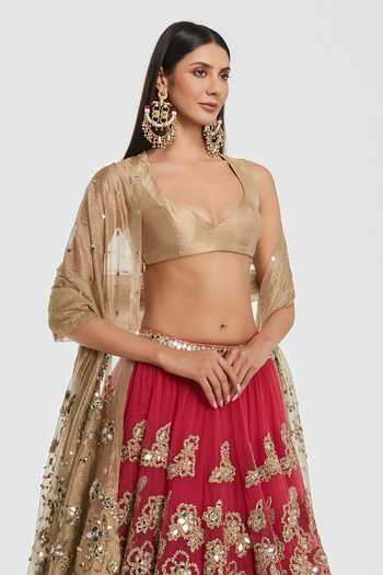 Abhinav Mishra_Pink Net, Tissue V-neck Zari Embroidered Lehenga Set _Online_at_Aza_Fashions