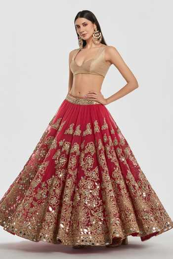 Buy_Abhinav Mishra_Pink Net, Tissue V-neck Zari Embroidered Lehenga Set _Online_at_Aza_Fashions
