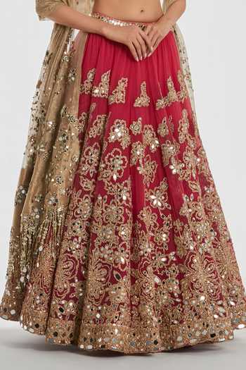 Shop_Abhinav Mishra_Pink Net, Tissue V-neck Zari Embroidered Lehenga Set _Online_at_Aza_Fashions