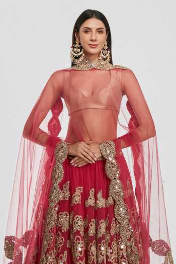 Abhinav Mishra_Pink Net, Tissue V-neck Floral Embroidered Lehenga Set _Online_at_Aza_Fashions