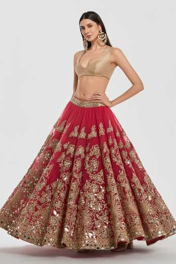 Buy_Abhinav Mishra_Pink Net, Tissue V-neck Floral Embroidered Lehenga Set _Online_at_Aza_Fashions